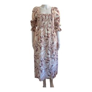 NEW House of Harlow 1960 Tropical Palm Print Midi Dress Cottagecore Linen Sz. M